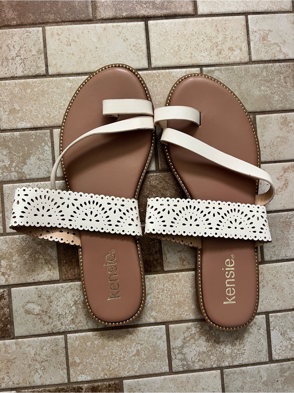 Kensie White Laser-Cut Double Strap Sandals